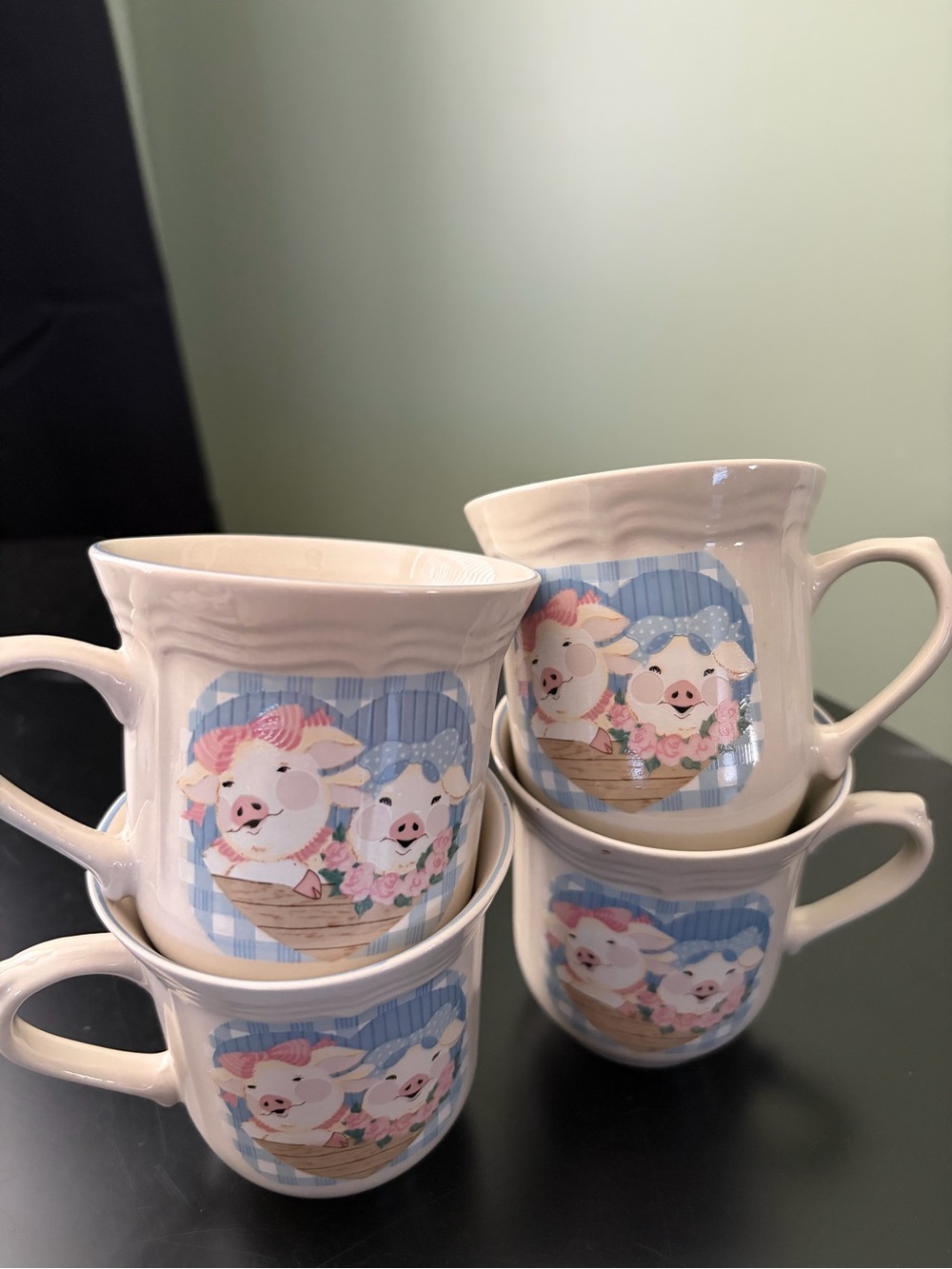 Tienshan Pig Pal Ceramic Mug Teacup Country Farmhouse Cottagecore 90s Set 4 Vtg